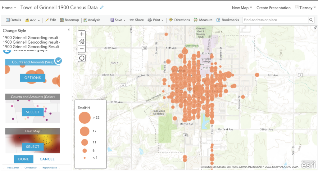 Screenshot of an ArcGIS Online map. On the left, a pane with layer visualization choices, with Counts and Amounts (sizes) option selected. And on the right, a map with points plotted for the town of Grinnell in 1900.